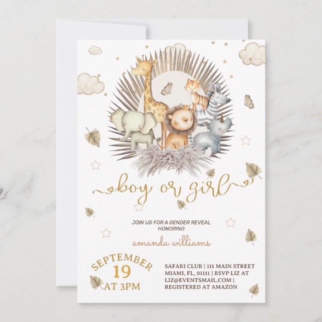 Convite Revelação de Gênero Animal da Selva Safari (Frente)