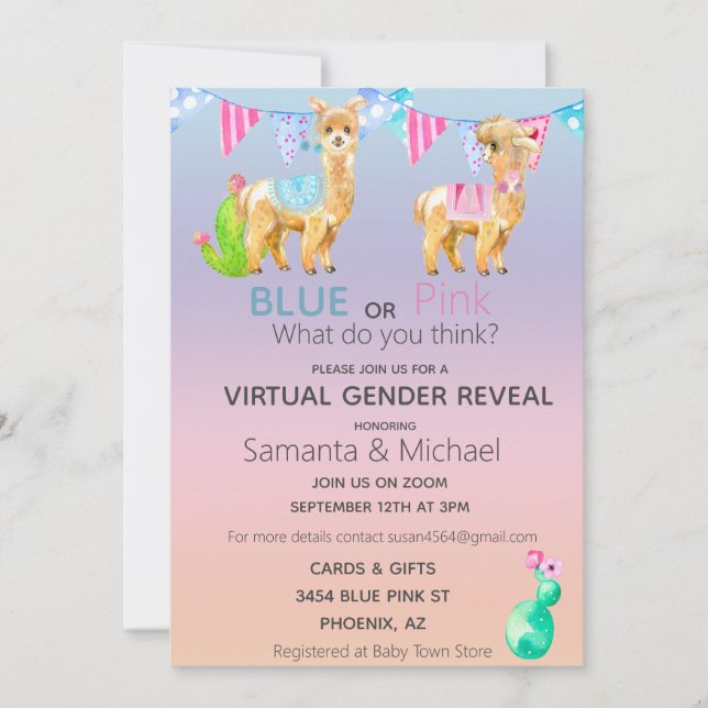 Convite Revelação de Gênero Aquarela Lhama Rosa Virtual Az (Frente)