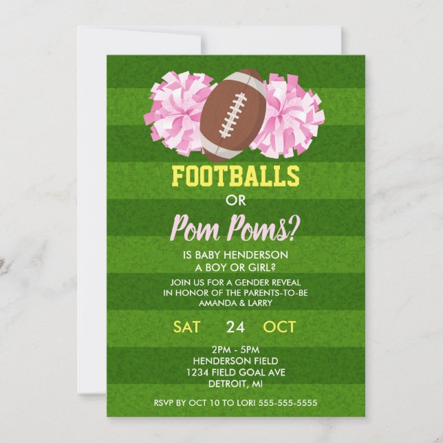 Convite Revelação de Gênero Bolas de Futebol ou Pom Poms (Frente)
