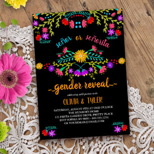Convite Revelação de Gênero Colorido de Preto Floral da Fi