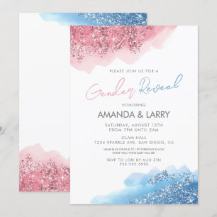 Convite Revelação de Gênero com Brilho Falso Rosa e Azul