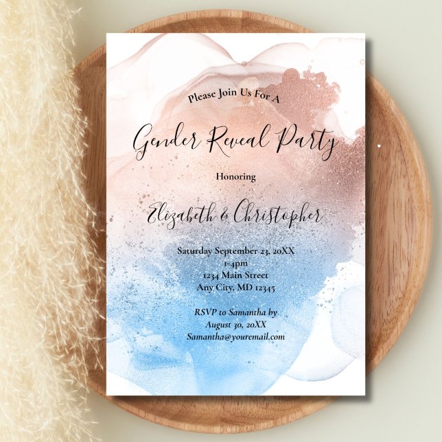 Convite Revelação de Gênero com Efeito de Aquarela Rosa Az (Pink Blue Watercolor wash splash Gender Reveal Party Invitation)