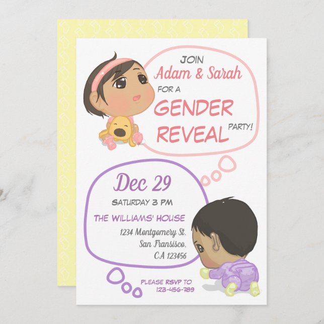 Convite Revelação de Gênero de Bebês Rosa e Roxo (Frente/Verso)