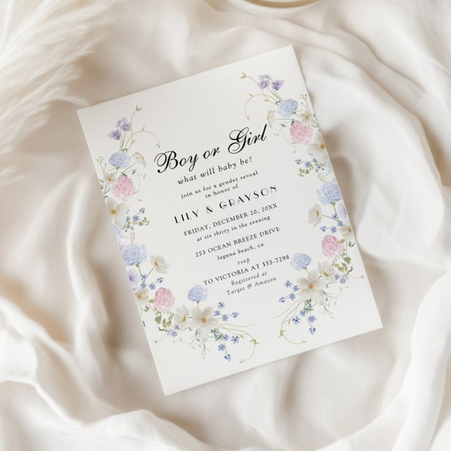 Convite Revelação de Gênero de Flor Selvagem Rosa e Azul (Criador carregado)