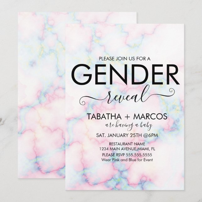 Convite Revelação de Gênero de Script de Padrão de Mármore (Frente/Verso)