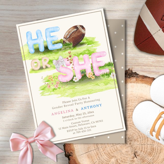 Convite Revelação de Gênero do Arco de futebol Watercolor (Watercolor Football Bow He or She Gender Reveal Invitation)