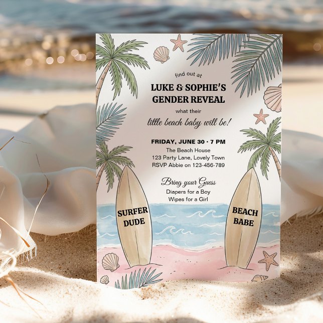 Convite Revelação de Gênero do Bebê de Praia Surfer Dude (Beach Babe Surfer Dude Gender Reveal Invitation)