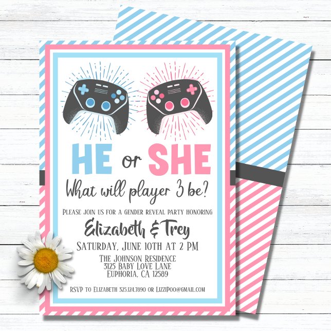 Convite Revelação de Gênero do Bebê Gamer Bonito (A cute geeky gender reveal invitation for the parents to be who love video games.)