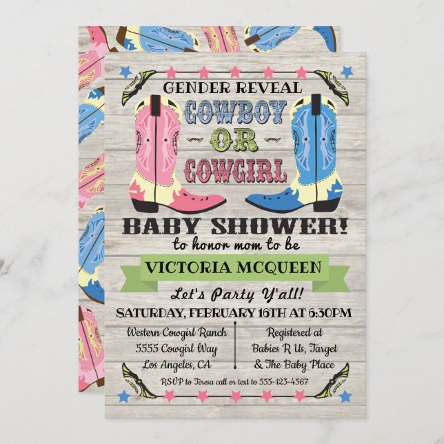 Convite Revelação de Gênero do Chá de fraldas Cowboy ou Co (Frente/Verso)