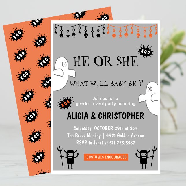 Convite Revelação de gênero do Halloween em cinza fantasma (Ghost-Grey-October-Halloween-gender-reveal-Invitation-1)