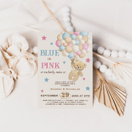 Convite Revelação de Gênero do Urso Azul Rosa-Rosa Minimal