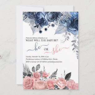 Convite Revelação de Gênero Elegante   Floral Rosa e Azul