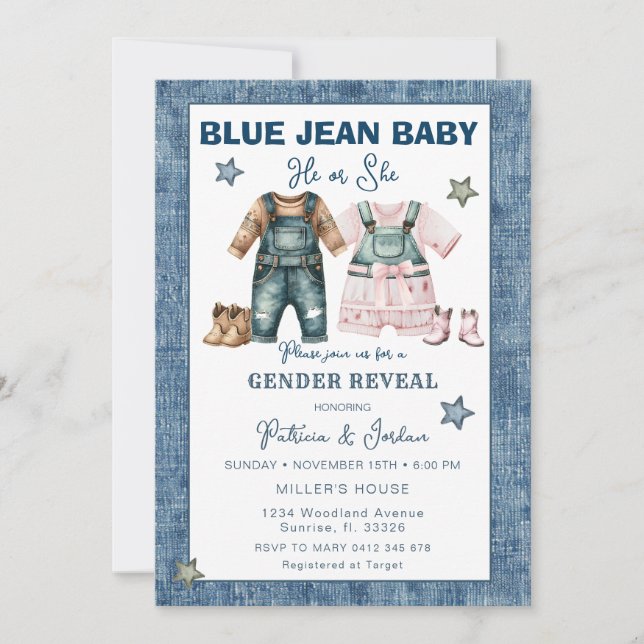 Convite Revelação de Gênero em Jeans Azul, Ele ou Ela  (Frente)