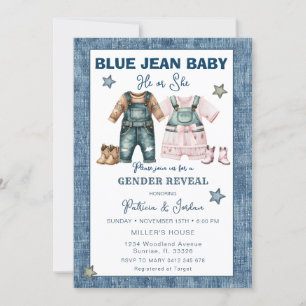 Convite Revelação de Gênero em Jeans Azul, Ele ou Ela