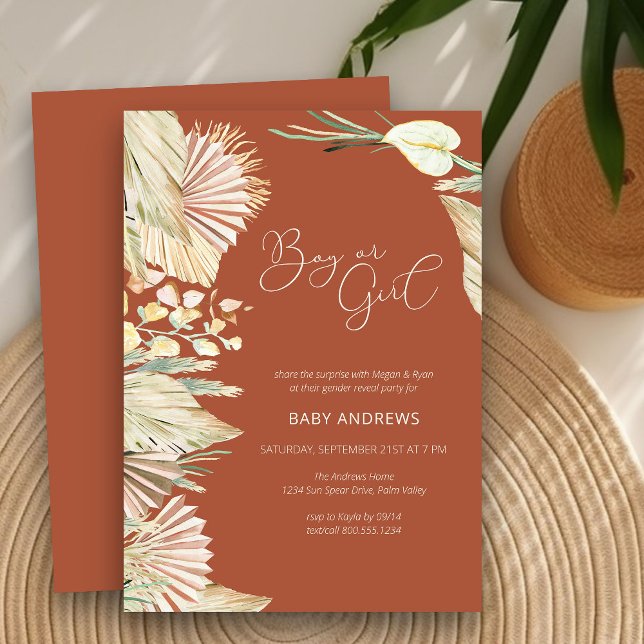 Convite Revelação de Gênero Folhagem Seca Palma Boho Terra (Gender Reveal Invitation Card in terracotta with boho palm leaves)