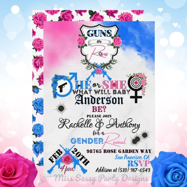 Convite Revelação de Gênero Rosa & Azul Armas ou Rosas  (Locked & Loaded for Baby! 💥Guns or Roses Pink & Blue Gender Reveal Invite for military & gun lovers)