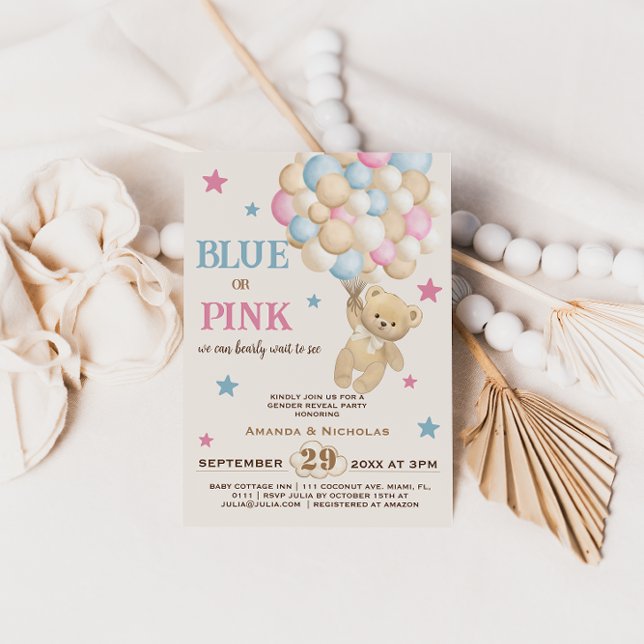 Convite Revelação de Gênero Urso Azul Rosa Boho Minimalist (Criador carregado)