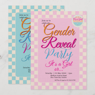 Convite Revelação de Gênero Xadrez Azul-Rosa em Dois Lados