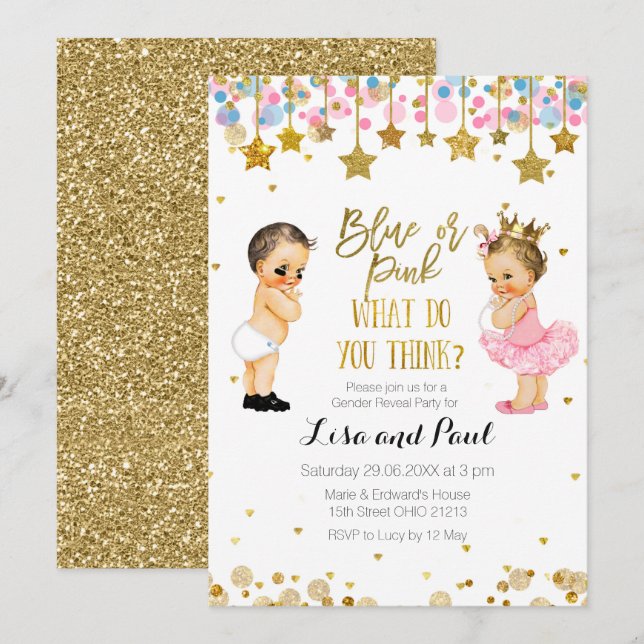 Convite Revelação do Gênero Brilhante Azul ou Rosa (Frente/Verso)