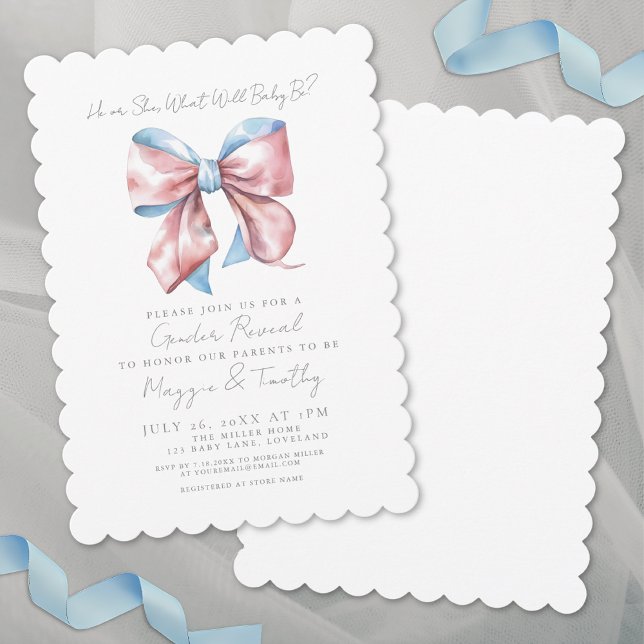 Convite Revelação do Gênero com Laço Rosa e Azul (Pink And Blue Bow Gender Reveal Invitation )