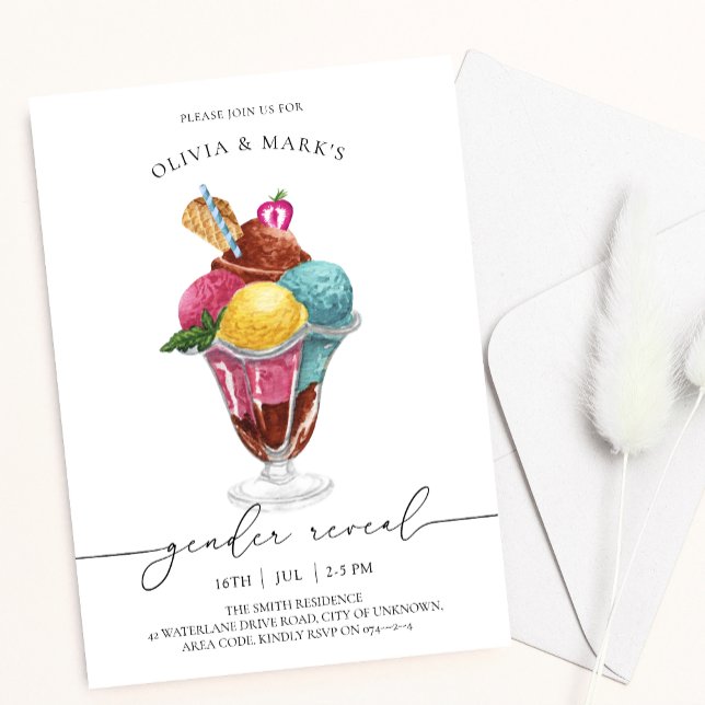 Convite Revelação do Gênero do Sorvete de Aquarela Azul e  (Criador carregado)