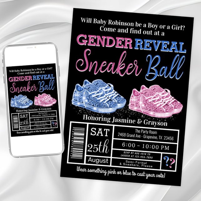 Convite Revelação do Sexo da Bola do Sneaker (Sneaker ball gender reveal invitations. Instant download and printed invitations available.)