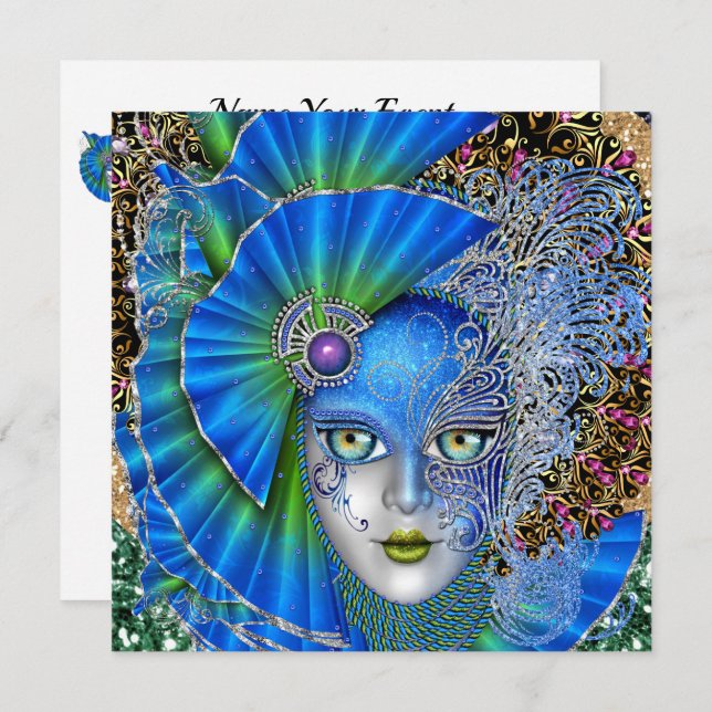 Convite Revisado de Mardi Gras da Masquerade (Frente/Verso)