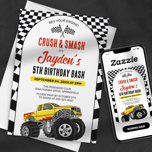 Convite Revise Seu Motor! Monster Truck Birthday Bash (Criador carregado)