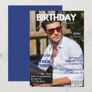 Convite Revista Azul-marinho Foto Engraçado 39º aniversári