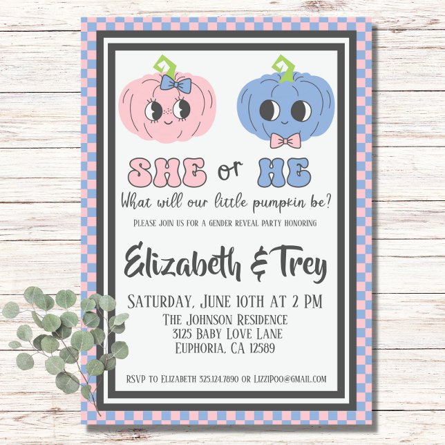 Convite Revolução do Gênero da Abóbora das Abóbora das Cap (Super pink and blue pumpkin invitation for fall baby gender reveal party!)