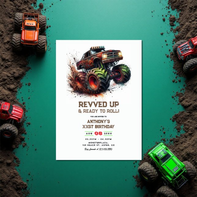 Convite "Revolvido e pronto para rodar" Monster Truck Aniv (“Revved Up & Ready to Roll” Monster Truck Birthday Invitation)