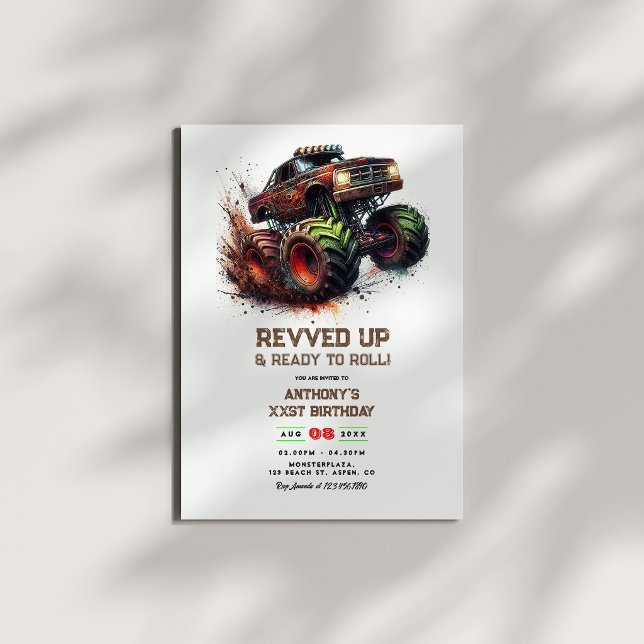 Convite “Revved Up & Ready to Roll” Festa de Aniversário d (“Revved Up & Ready to Roll” Monster Truck Birthday Invitation)