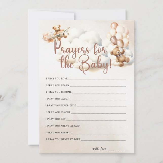Convite REZA PELO BEBÊ, Chá de fraldas Jogo, Urso Bonito (Frente)