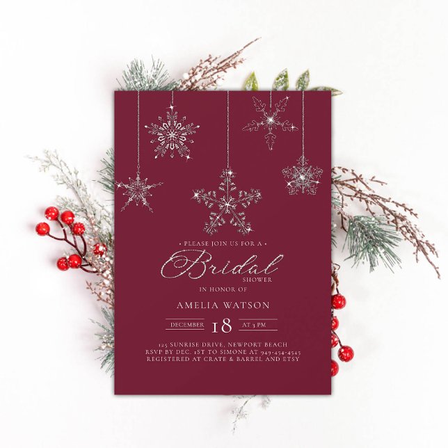Convite Rhinestone Snowflake Burgundy Chá de panela de inv (rhinestones bridal shower invitation glitter snowflakes burgundy red modern festive classy bling)
