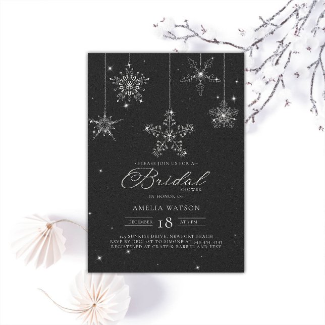 Convite Rhinestone Snowflakes Chá de panela Branco Negro (rhinestones bridal shower invitation glitter snowflakes black white modern festive classy sparkle)