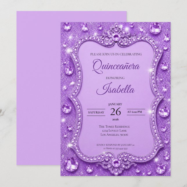 Convite Rhinestones de Luxo Glitter Roxo Quinceañera (Frente/Verso)