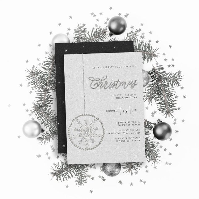 Convite Rhinestones do Partido Sparkasse Glitter Natal Bra (sparkly glitter christmas party invitation rhinestones bauble snowflake formal black white elegant)