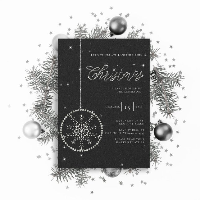 Convite Rhinestones do Partido Sparkasse Glitter Natal Neg (sparkly glitter christmas party invitation rhinestones bauble snowflake formal black white elegant )