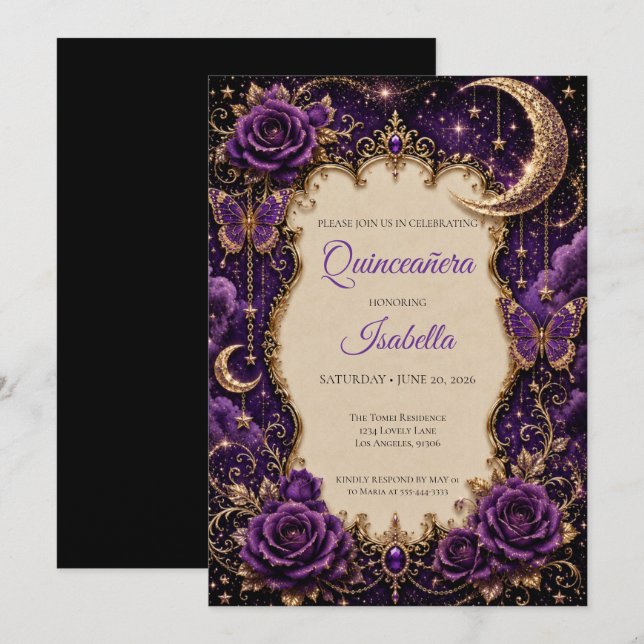 Convite Rhinestones Roxos de Luxo Princesa Quinceañera (Frente/Verso)