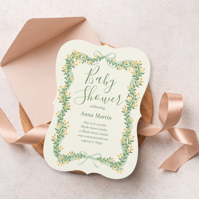 Convite Ribbon Bow and Greenery Baby Shower Invitation (Criador carregado)