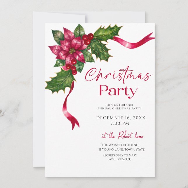 Convite Ribbon floral Christmas Holiday Party (Frente)