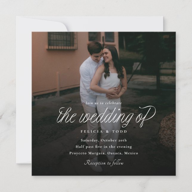 Convite Ribbon Script Minimalist Square Wedding Photo (Frente)
