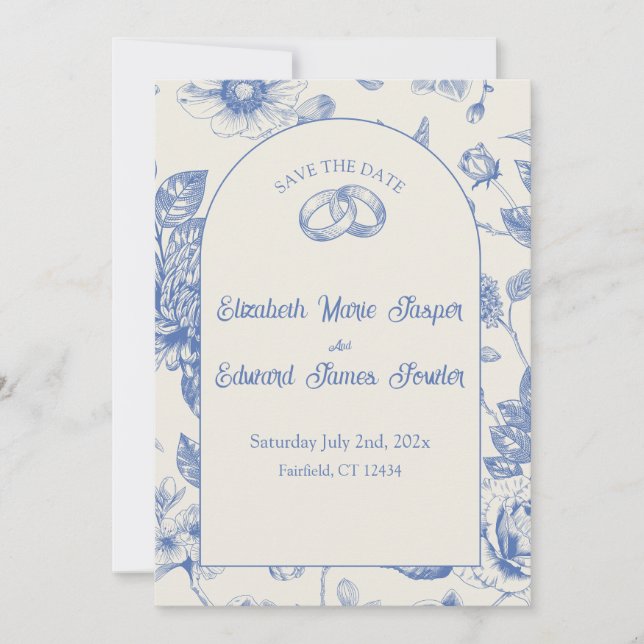 Convite Rich Blue French Floral Toile Floral Salvar Data (Frente)