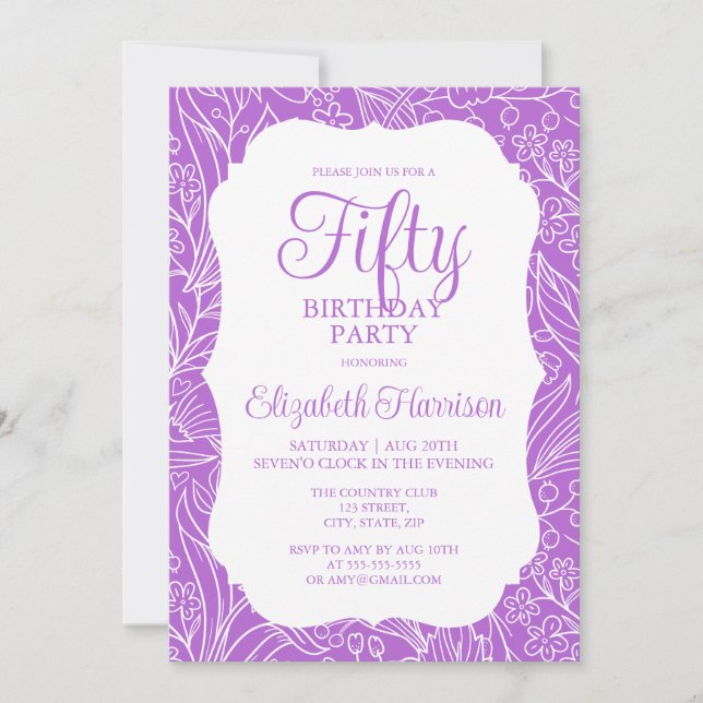 Convite Rich Lilac White Flora Woman 50ª Festa de aniversá (Frente)