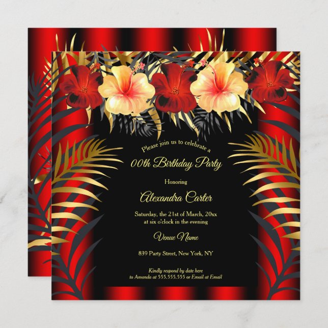 Convite Rich Red Black Dourado amarelo Hibiscus Partido Fl (Frente/Verso)