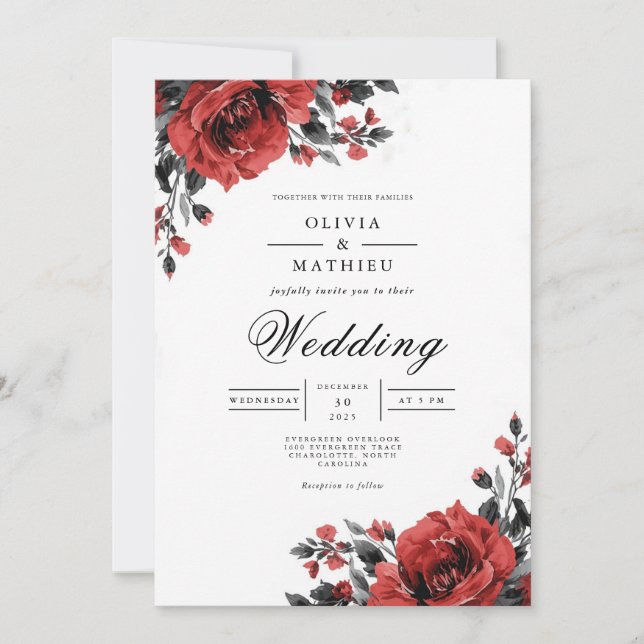 Convite Rich Red Floral Casamento Romântico (Frente)