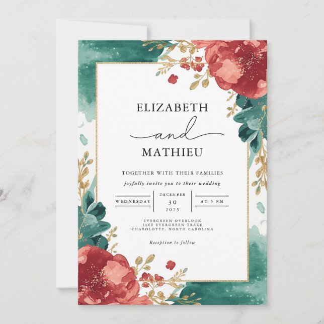 Convite Rich Red Floral Lush Weding (Frente)