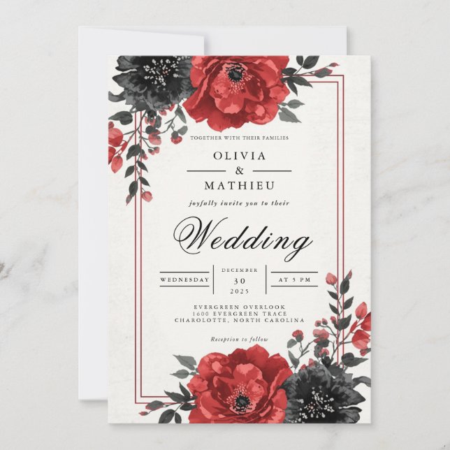 Convite Rich Red Floral Romance Weding (Frente)