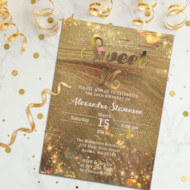 Convite Rico abstrato Trendy Dourado Glitter Sweet 16 (Criador carregado)