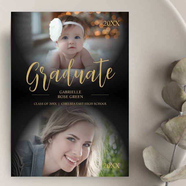 Convite Rico Bonito E Agora Trendy 2 Fotos Graduação (Cute Fancy Then & Now Trendy 2 Photos Graduation Invitation with Envelope. )